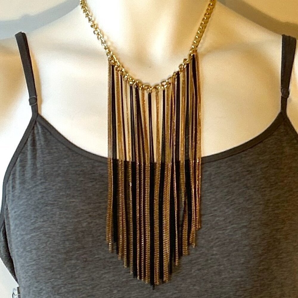 Tri-color fringe style statement necklace 21" unique dressy casual party artsy